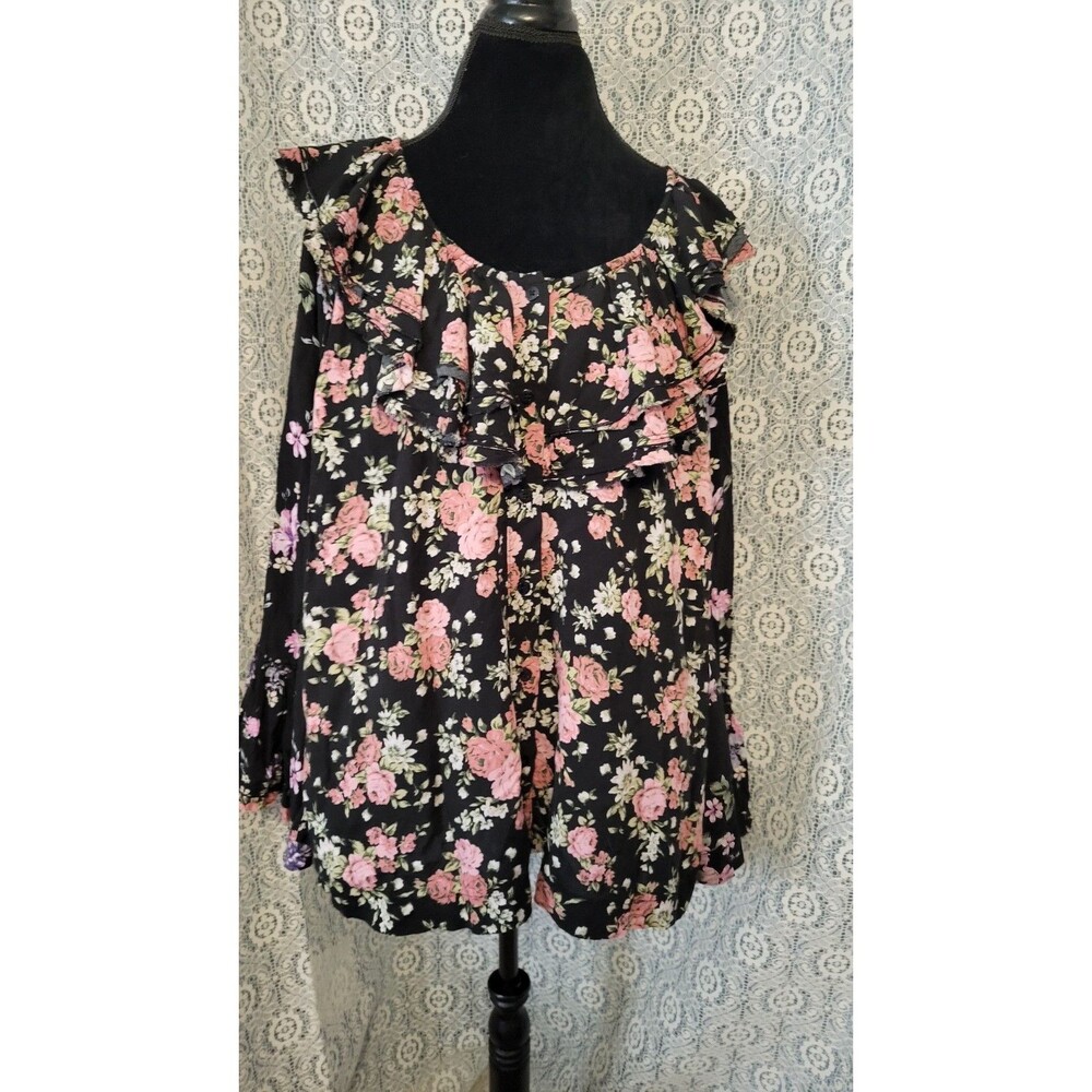 Free People Loretta Printed Tunic Blouse Black Pink Floral Boho Ruffle Top S